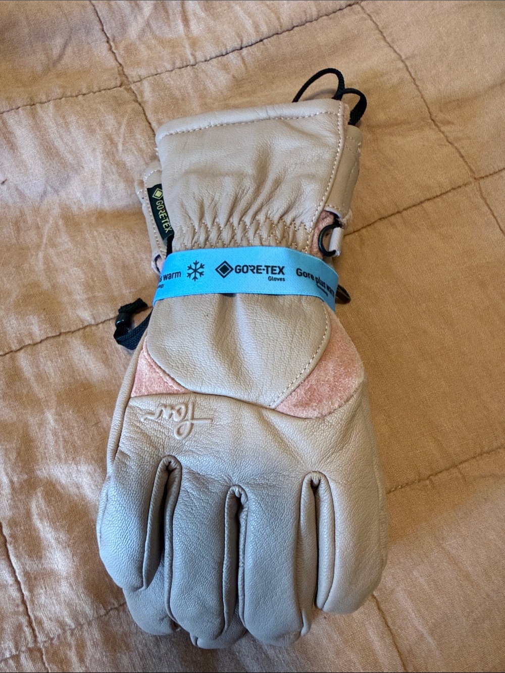 GORE-TEX Pow Beige Leather Ski Glove with Pink Accents